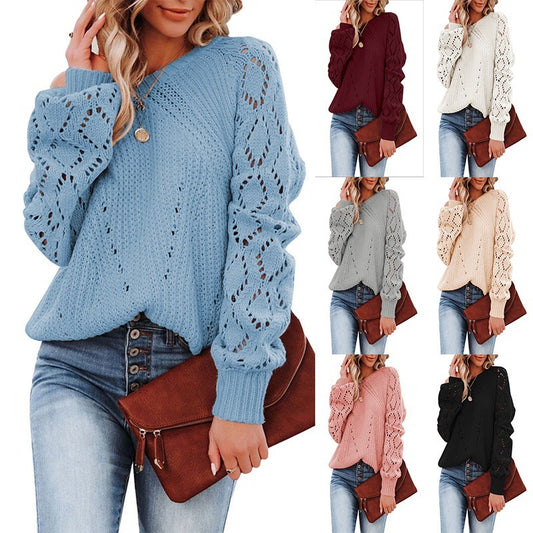 Solid Female Hollow Pattern Round Neck Sweater