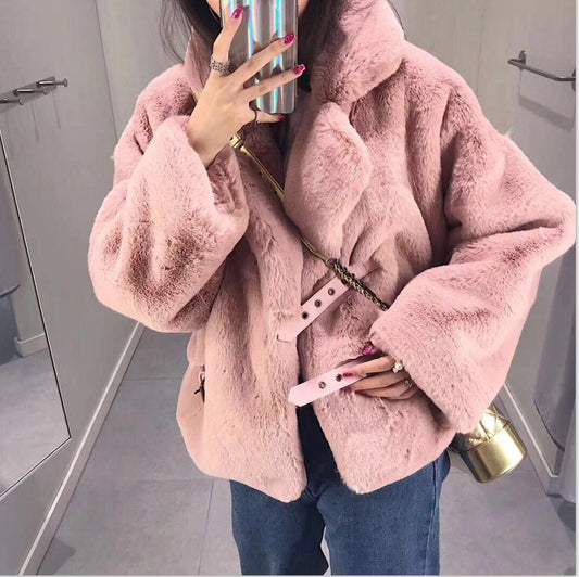 Winter Korean Female Fur Coat Short Soft Rabbit Fur Jacket Long-Sleeved Shaggy Thicken Warm Women Fashion Outwear