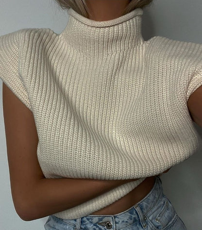 High neck knitted shoulder pad sweater sleeveless loose top