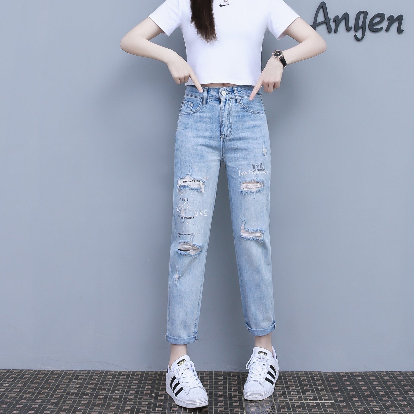 Women's Thin Ripped Jeans New Loose High Waist Slim Nine-point Harem Pants