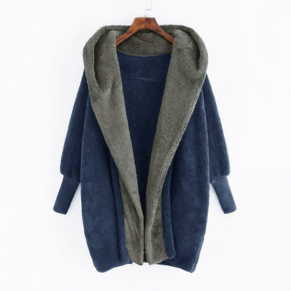 Foreign Trade Women's Clothing Color Double-sided Velvet Hooded Loose Cardigan Coat