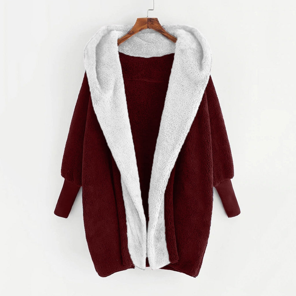 Foreign Trade Women's Clothing Color Double-sided Velvet Hooded Loose Cardigan Coat