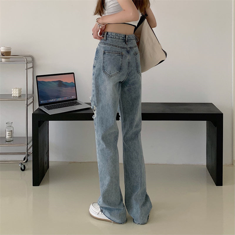 Women's Retro High Waist Straight Ripped Jeans