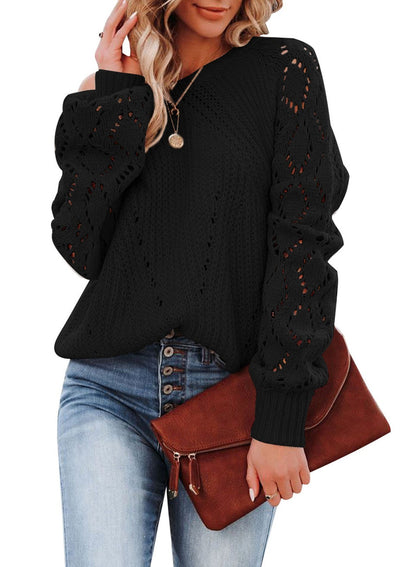 Solid Female Hollow Pattern Round Neck Sweater