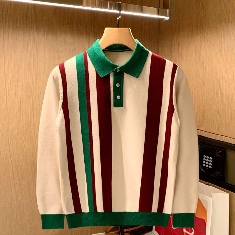 Young Vertical Striped Knitted Long Sleeve Color Matching Lapel Sweater