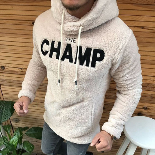 Men's Solid Color Embroidered Hooded Long-Sleeved Plush Sweater with Pockets