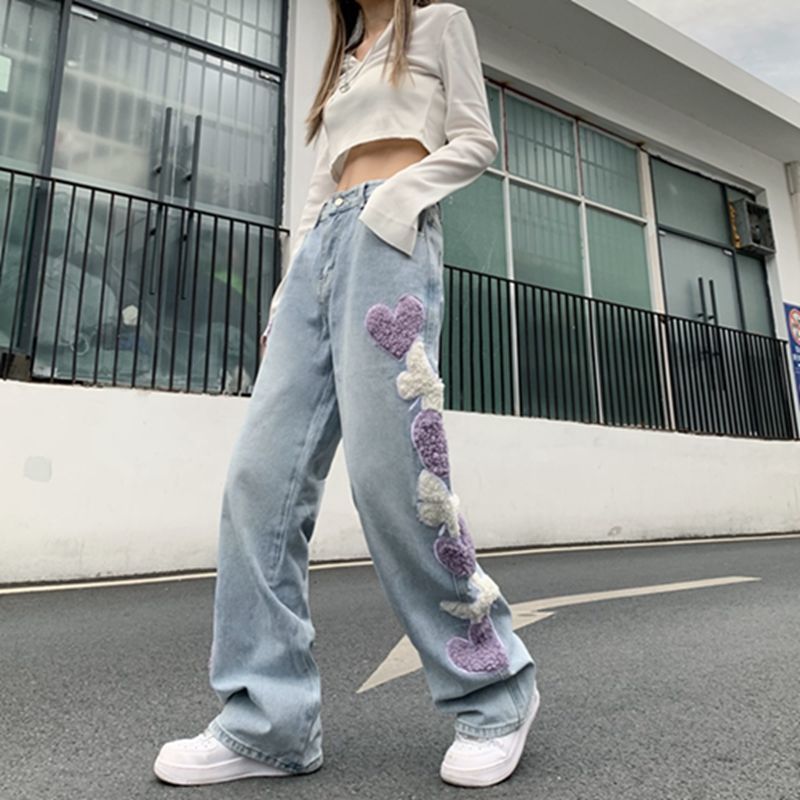 Women's Fashion Personality Love Embroidery Jeans