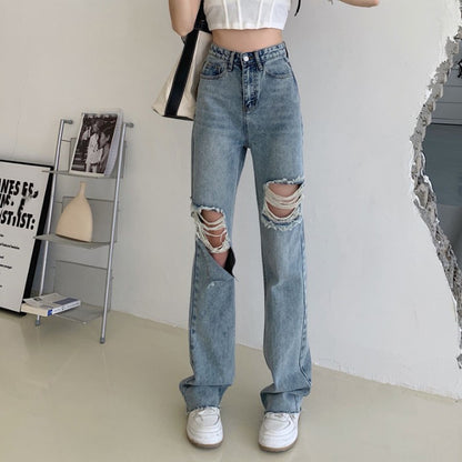 Women's Retro High Waist Straight Ripped Jeans