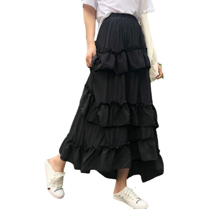 Irregular Ruffled High-waisted Long Skirt With Pleated Elastic Waist Folds