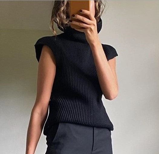 High neck knitted shoulder pad sweater sleeveless loose top