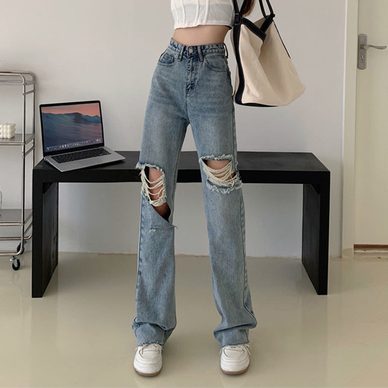 Women's Retro High Waist Straight Ripped Jeans