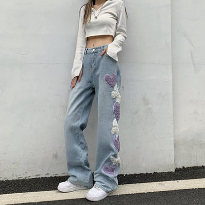 Women's Fashion Personality Love Embroidery Jeans