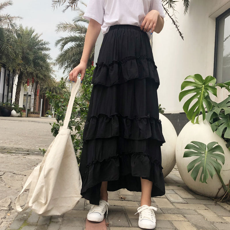 Irregular Ruffled High-waisted Long Skirt With Pleated Elastic Waist Folds