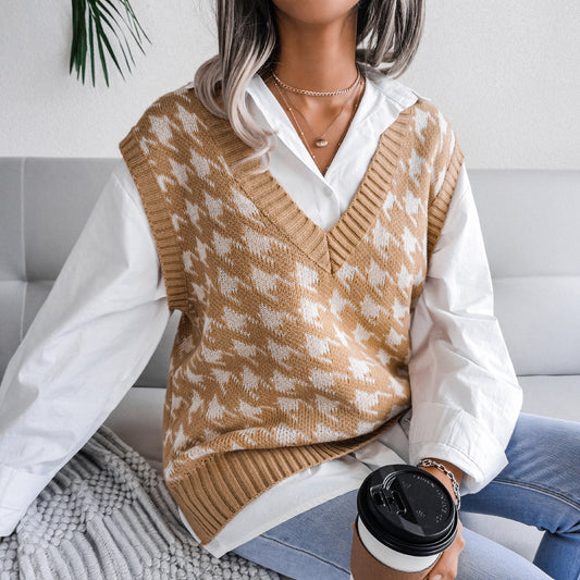 V-neck Houndstooth Casual Loose Knit Vest Sweater Vest