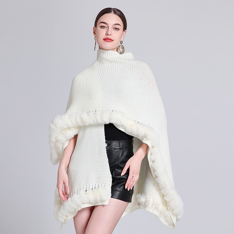 Solid Color Knitted Cape And Shawl Sweater Coat