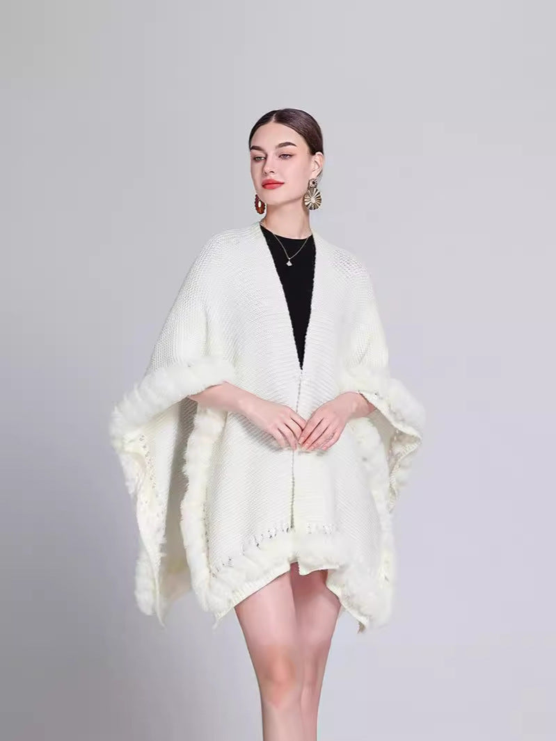 Solid Color Knitted Cape And Shawl Sweater Coat