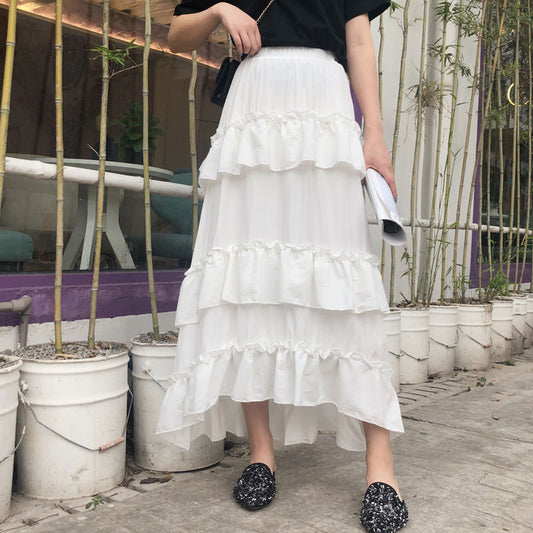 Irregular Ruffled High-waisted Long Skirt With Pleated Elastic Waist Folds