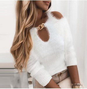 Solid Color Shoulder Strap One-neck Sweater