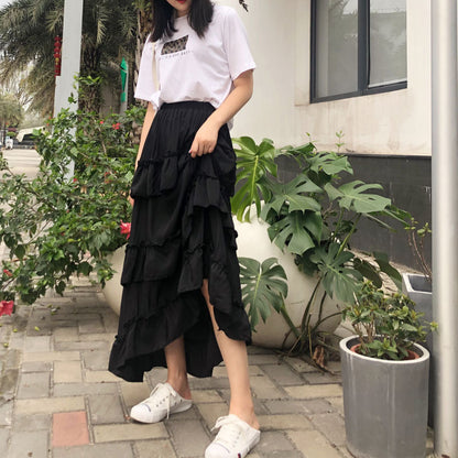 Irregular Ruffled High-waisted Long Skirt With Pleated Elastic Waist Folds