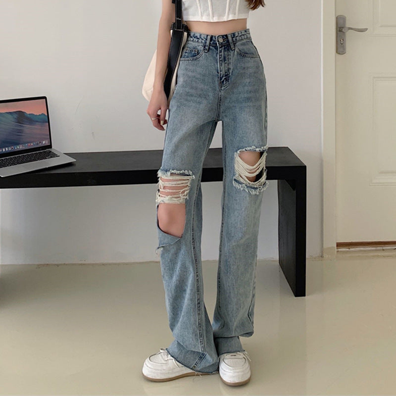 Women's Retro High Waist Straight Ripped Jeans