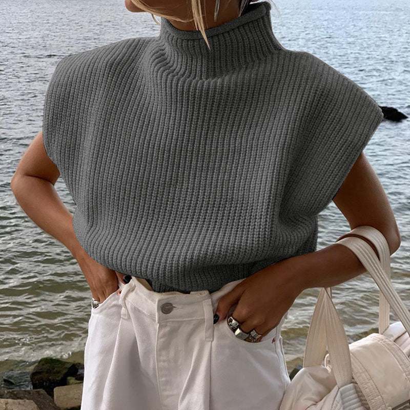 High neck knitted shoulder pad sweater sleeveless loose top