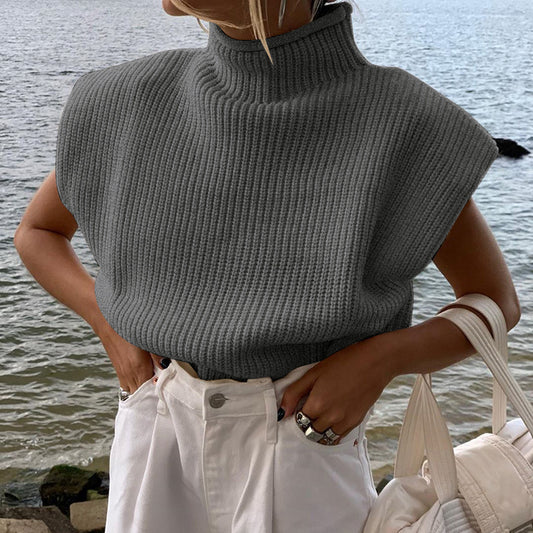 High neck knitted shoulder pad sweater sleeveless loose top