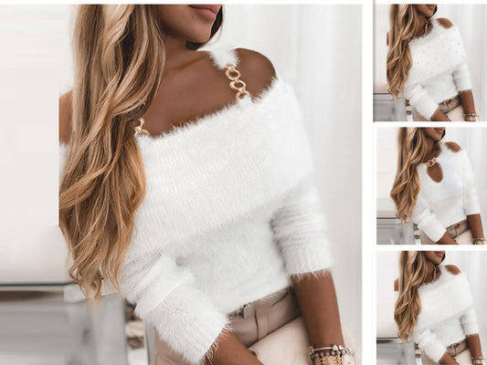 Solid Color Shoulder Strap One-neck Sweater