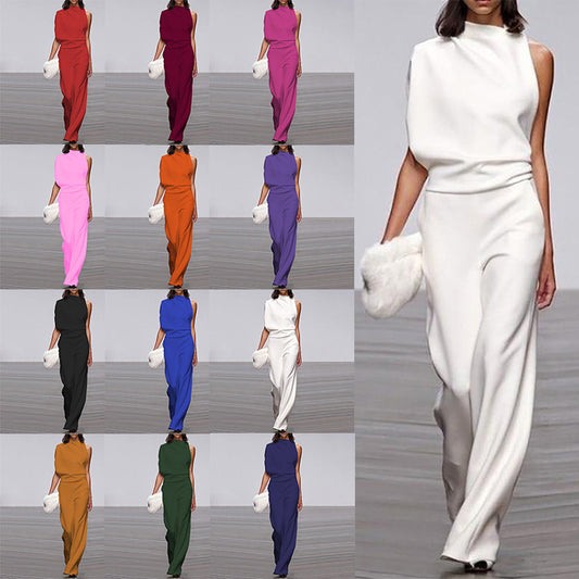 Solid Color One-shoulder Pile Neck Jumpsuit