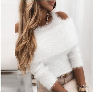 Solid Color Shoulder Strap One-neck Sweater