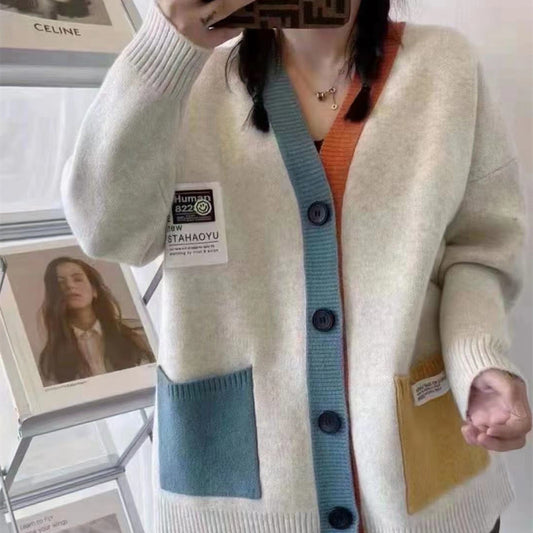 Women's Retro Fashion Colorblock Knit Cardigan Sweater