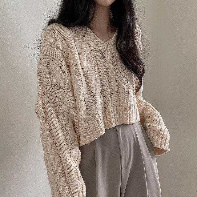 V-neck Long-sleeved Sweater Loose Short Paragraph Lazy Top