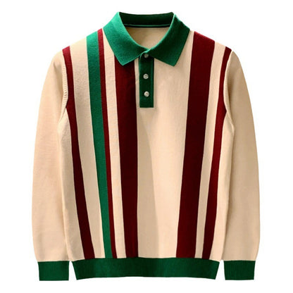 Young Vertical Striped Knitted Long Sleeve Color Matching Lapel Sweater